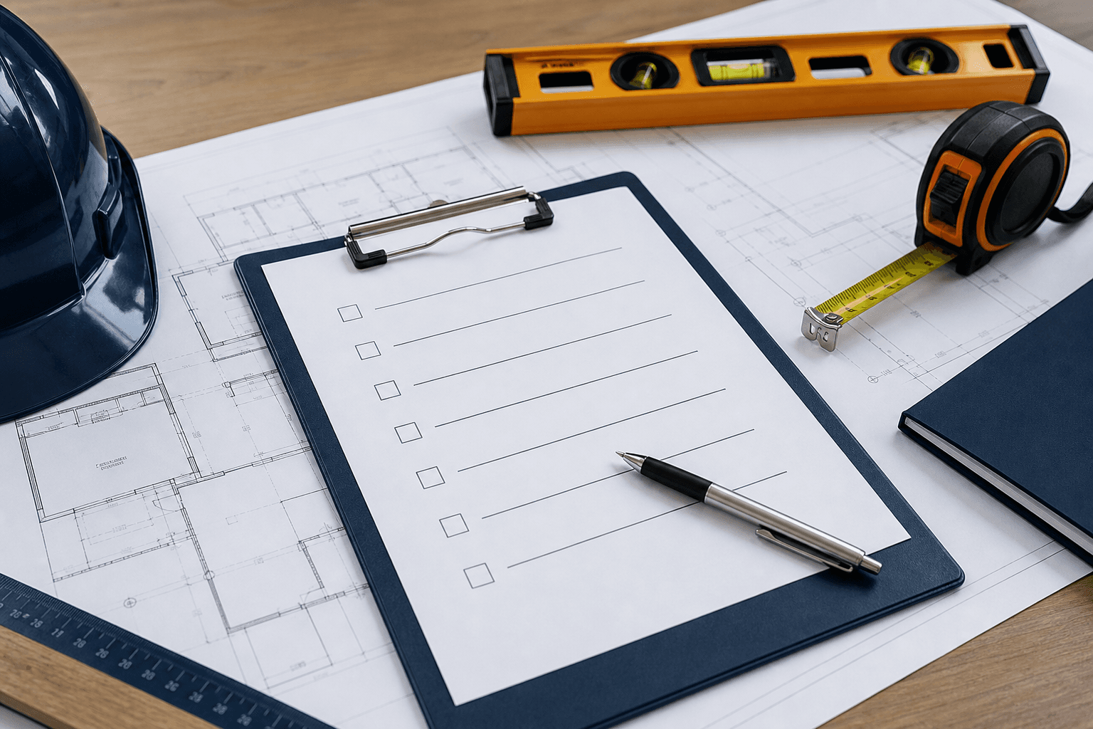Building inspection checklist with drawings and construction tools